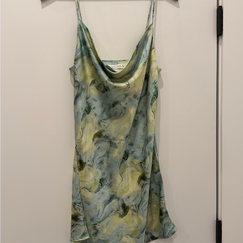 12th Tribe Green and Yellow Marble-Print Mini Slip Dress